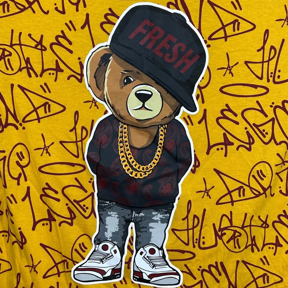 SOCWATEES Mens‎ Graphic T-Shirt Yellow Bear Fresh Cap Streetwear Size M